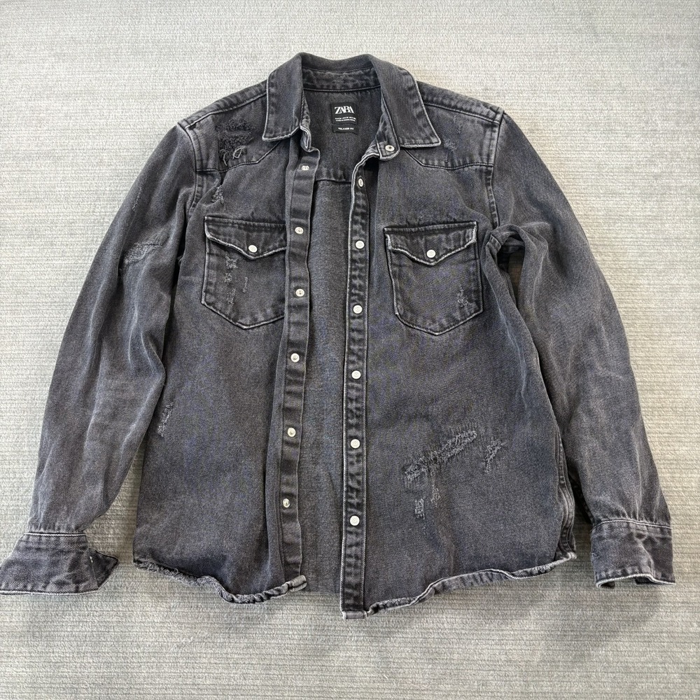 Zara Denim Shaket Mens M Black Faded Disstressed Button Snap Punk Grunge